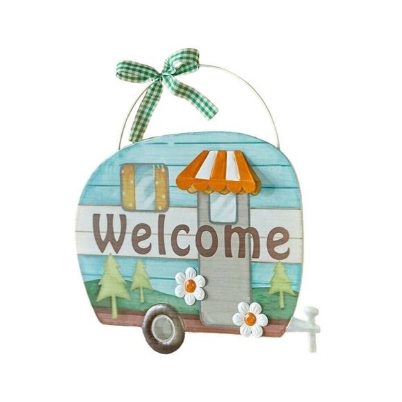 Happy Camper Welcome Retro Trailer Garden Wall Hanging Yard Stake Sign Gift NEW - Picture 1 of 2